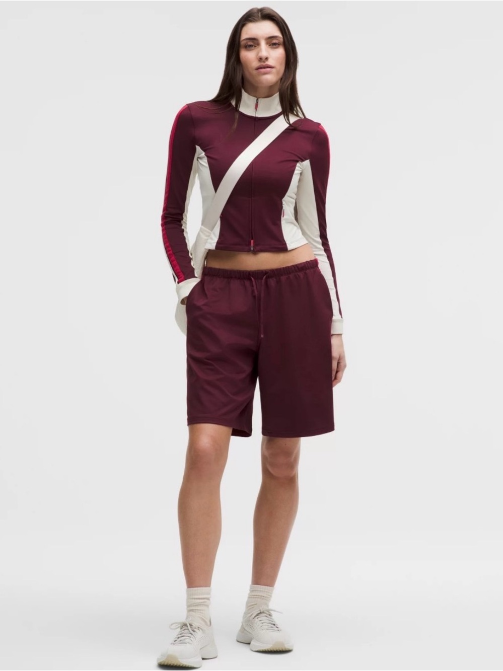 Lululemon Baggy Low Rise Track Shorts burgundy w/red & white side stripes NWT